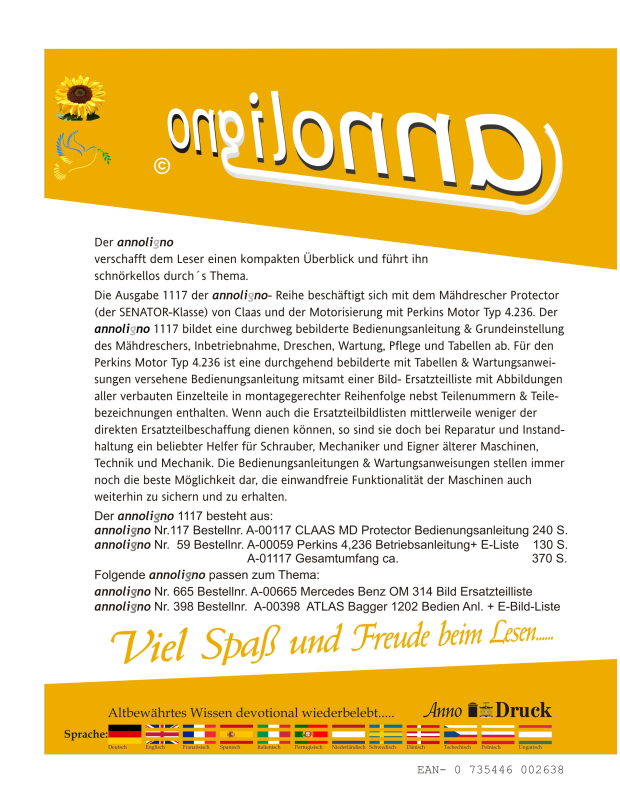 Claas Mähdrescher Protector (der SENATOR-Klasse) & Perkins Typ 4.236 Bild- Bedienungsanleitung & Bild-Ersatzteilliste & Explosionszeichnungen - annoligno 1117